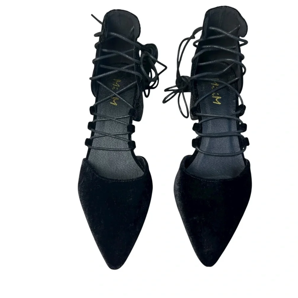 Mi.iM Black Velvet Block Glitter Heel Strappy Lace Up Shoes Pointed Toe Size 8.5